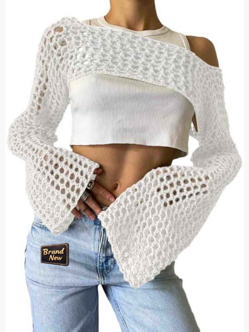 Crochet Crop Top Shrug Y2K Hollow Out Mesh Knit Long Sleeve See Through Sweater
